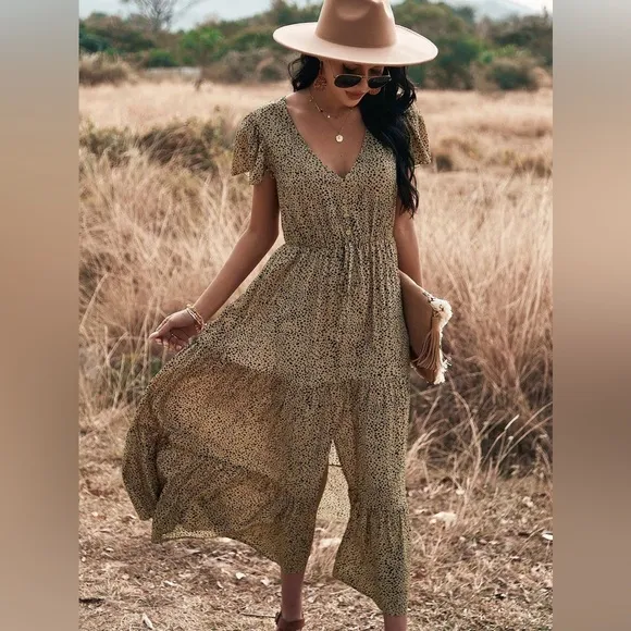 🩵 boho gypsy polka dot print button up tiered midi dress black white