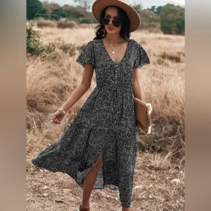 🩵 boho gypsy polka dot print button up tiered midi dress black white