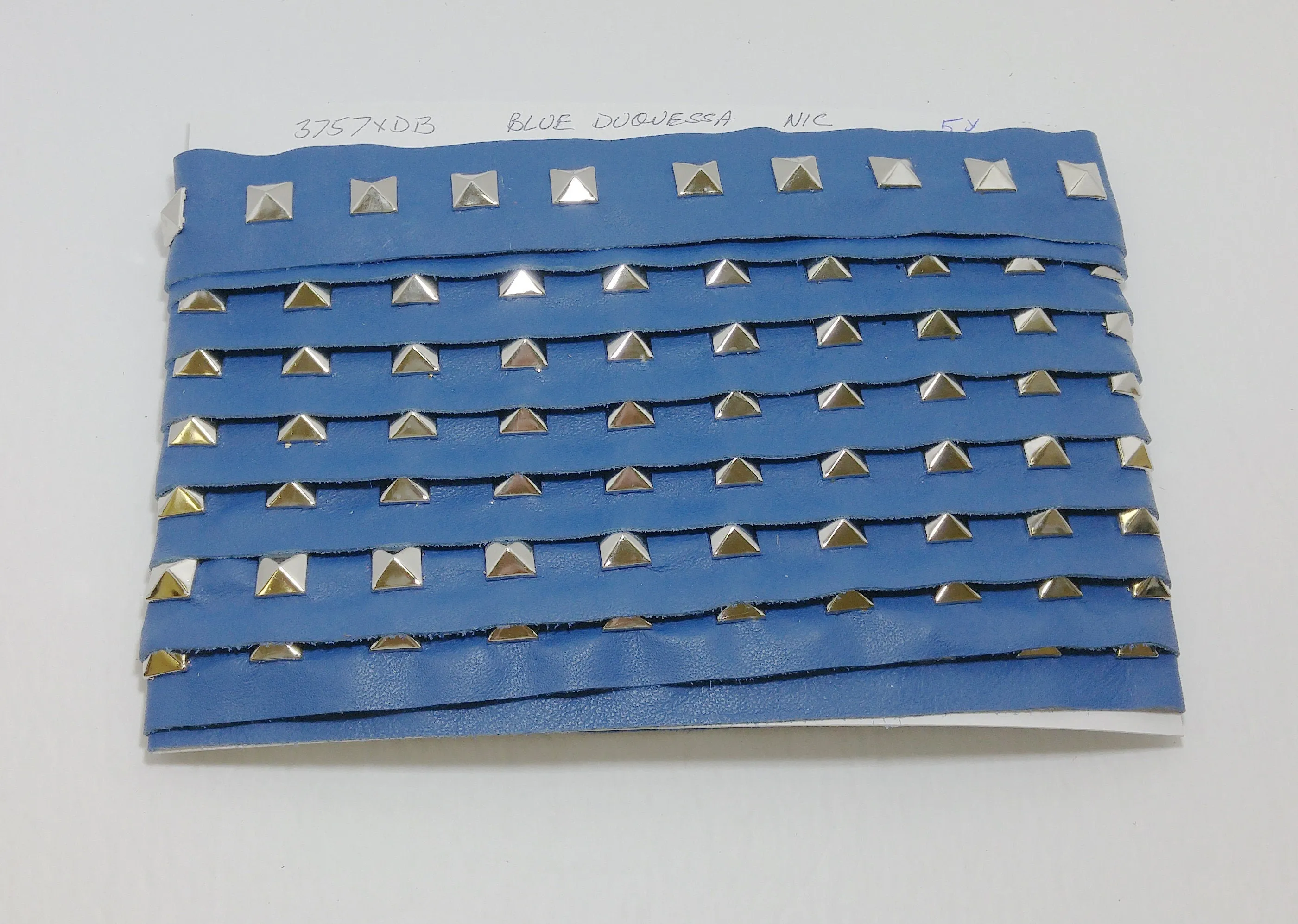 1 YD of 1-1/2" wide Genuine Cowhide Leather Trim Tape with Silver Square Pyramid Nailheads edge binding; top stitch; Blue Duquessa 3757XDB