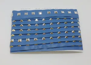 1 YD of 1-1/2" wide Genuine Cowhide Leather Trim Tape with Silver Square Pyramid Nailheads edge binding; top stitch; Blue Duquessa 3757XDB