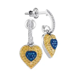 10K White Gold Round Blue Yellow Color Enhanced Diamond Heart Dangle Earrings 1/3 Cttw