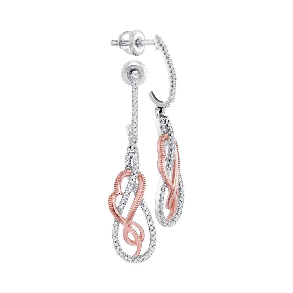 10K White Gold Round Diamond Rose-tone Heart Teardrop Dangle Earrings 1/3 Cttw