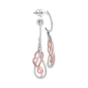 10K White Gold Round Diamond Rose-tone Heart Teardrop Dangle Earrings 1/3 Cttw