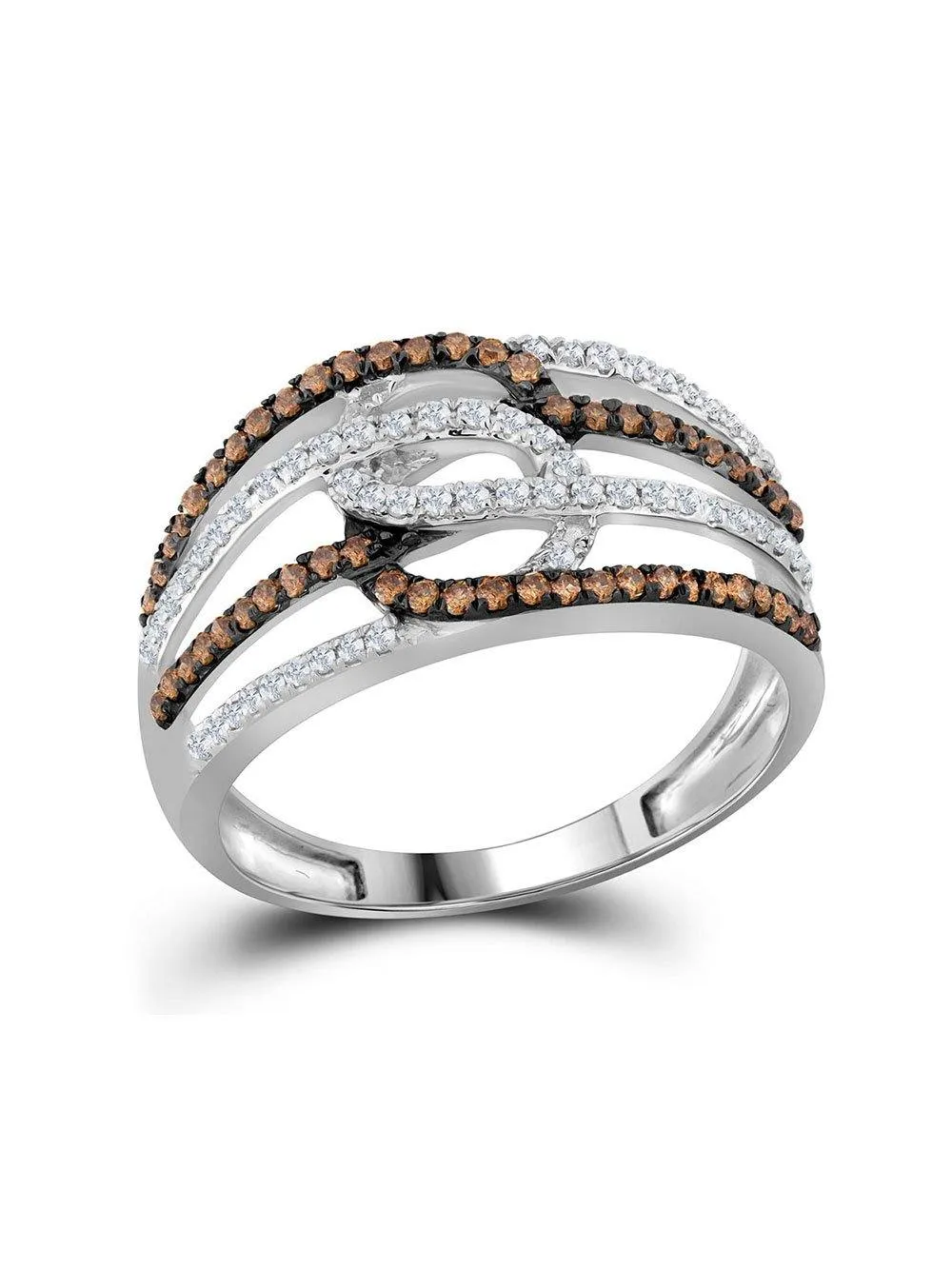 10kt White Gold Womens Round Brown Diamond Linked Loop Band Ring 1/2 Cttw