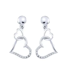 10kt White Gold Womens Round Diamond Linked Hearts Dangle Screwback Earrings 1/10 Cttw