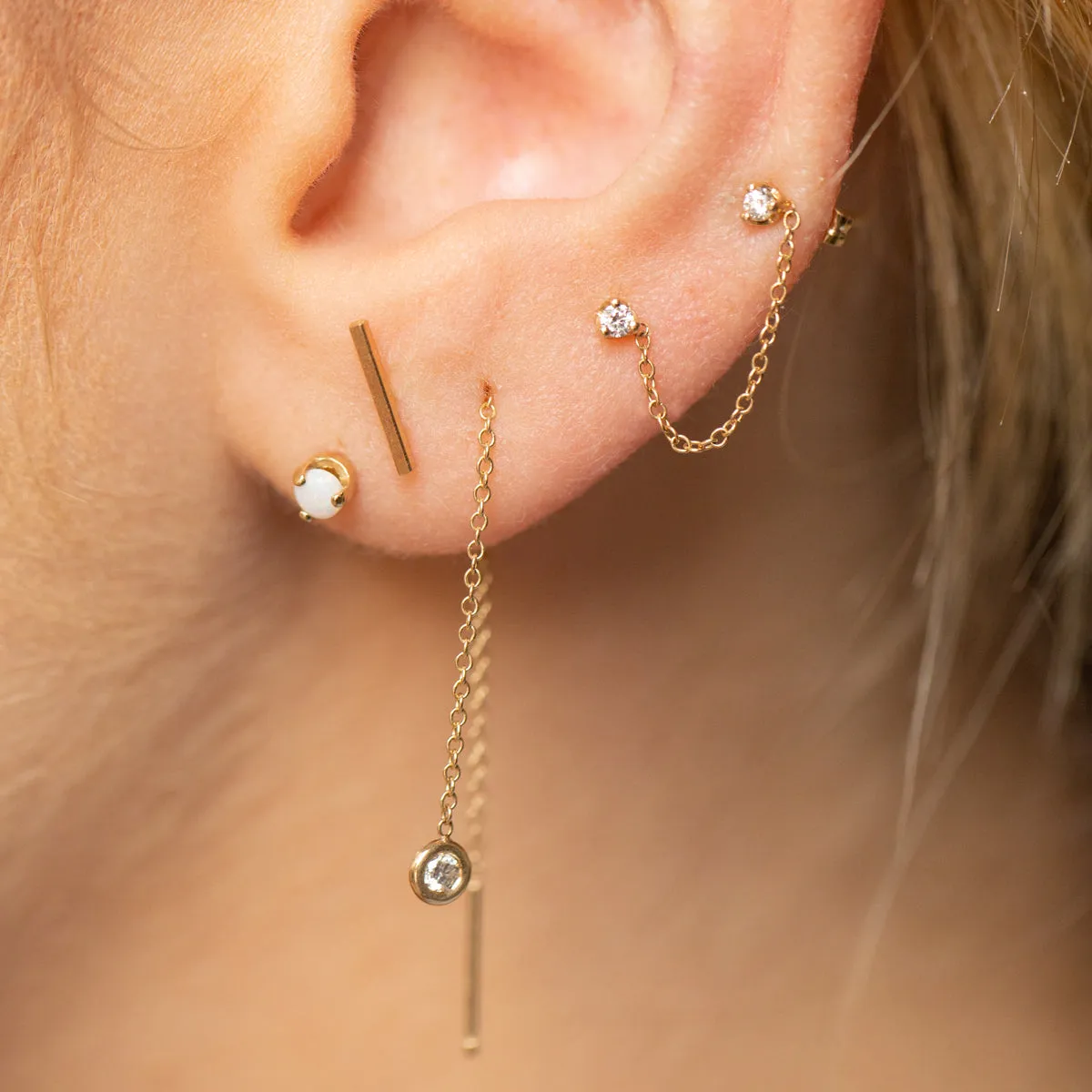 14k Prong Diamond Double Stud Chain Earring