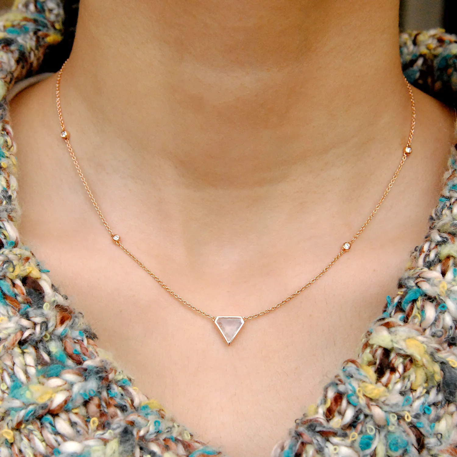 14K Solid Gold Moonstone Diamond Layering Necklace