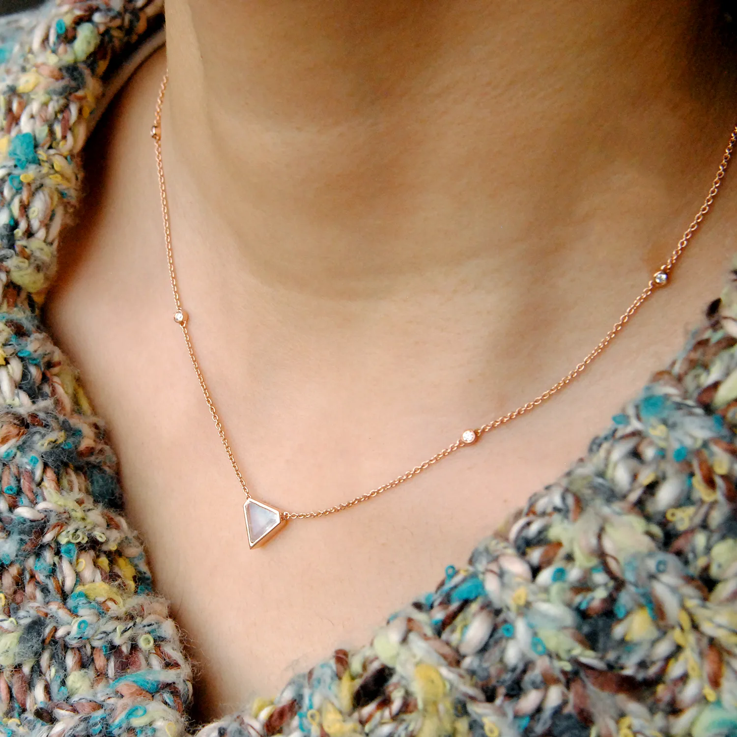 14K Solid Gold Moonstone Diamond Layering Necklace