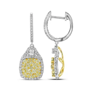 14K White Gold Round Canary Yellow Diamond Dangle Earrings 2-1/2 Cttw