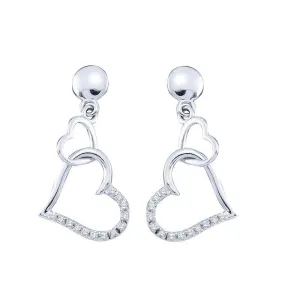 14K White Gold Round Diamond Linked Hearts Dangle Screwback Earrings 1/10 Cttw