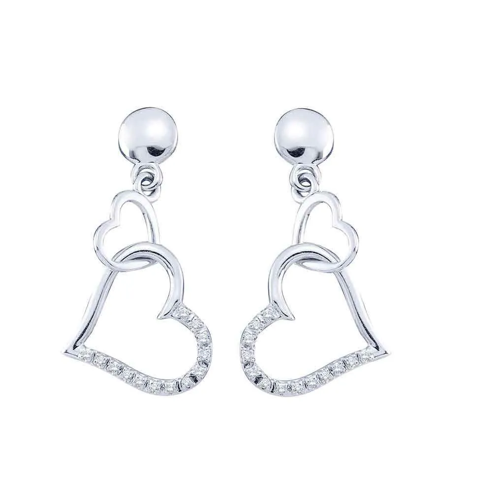 14K White Gold Round Diamond Linked Hearts Dangle Screwback Earrings 1/10 Cttw