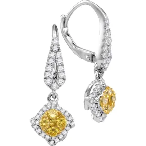 14kt White Gold Womens Round Yellow Diamond Diagonal Square Cluster Dangle Earrings