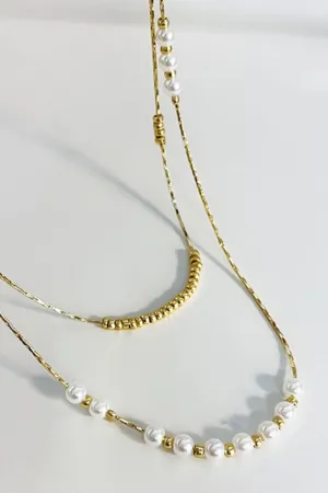 18K Layered Beaded Pearl Necklace In Gold