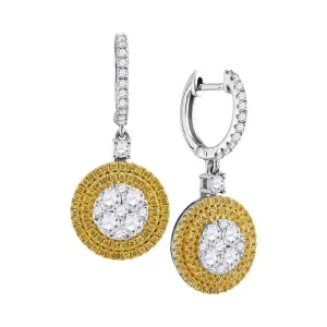 18K White Gold Round Yellow Diamond Circle Frame Cluster Dangle Earrings 1-5/8 Cttw