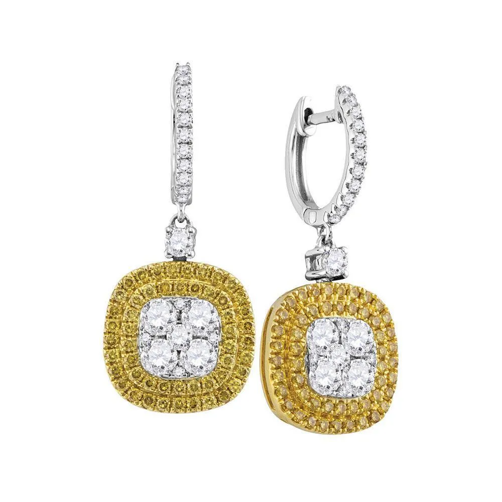 18K White Gold Round Yellow Diamond Square Cluster Dangle Earrings 2-1/5 Cttw