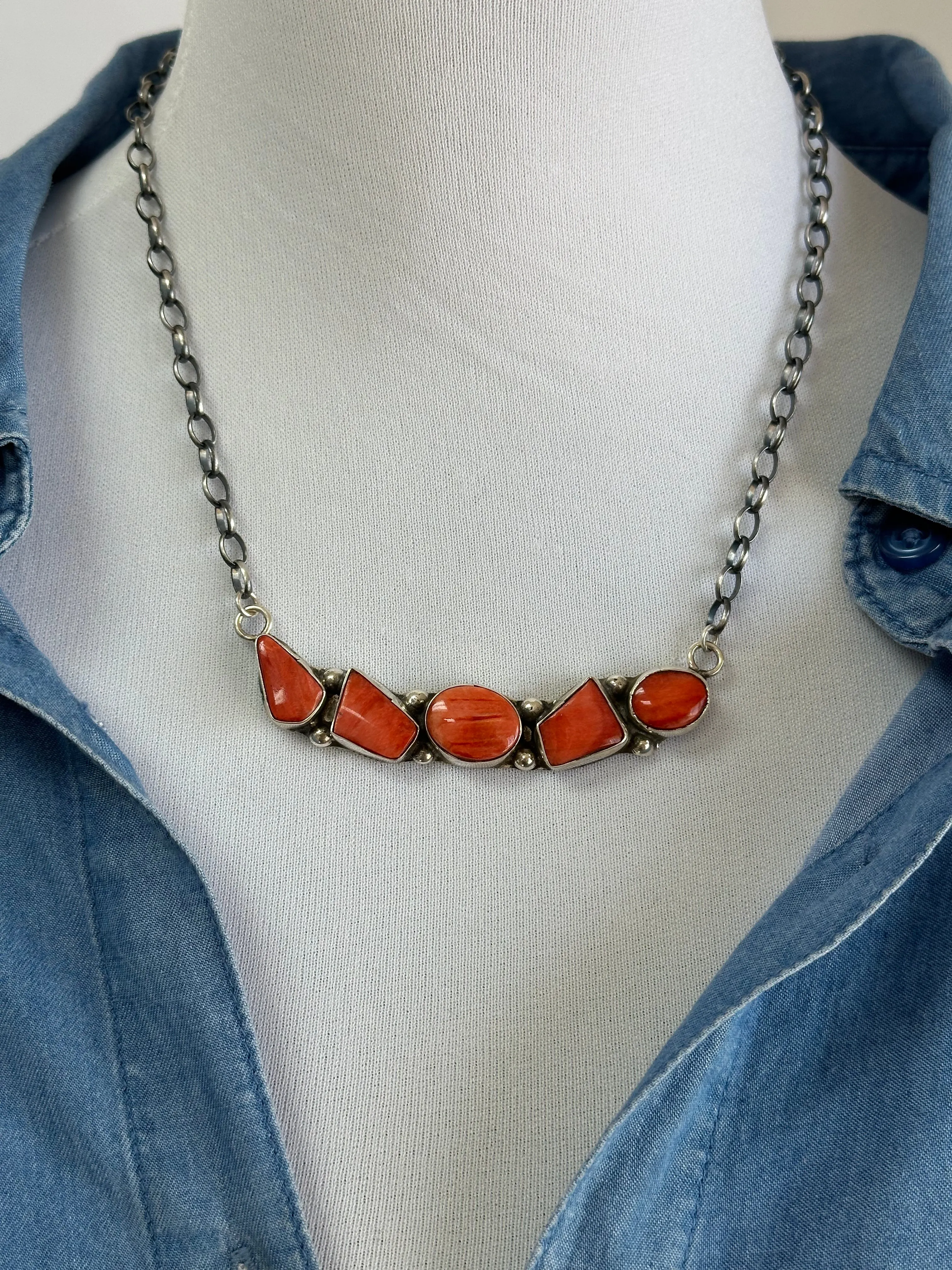 18" red Spiny 5 Stone Necklace