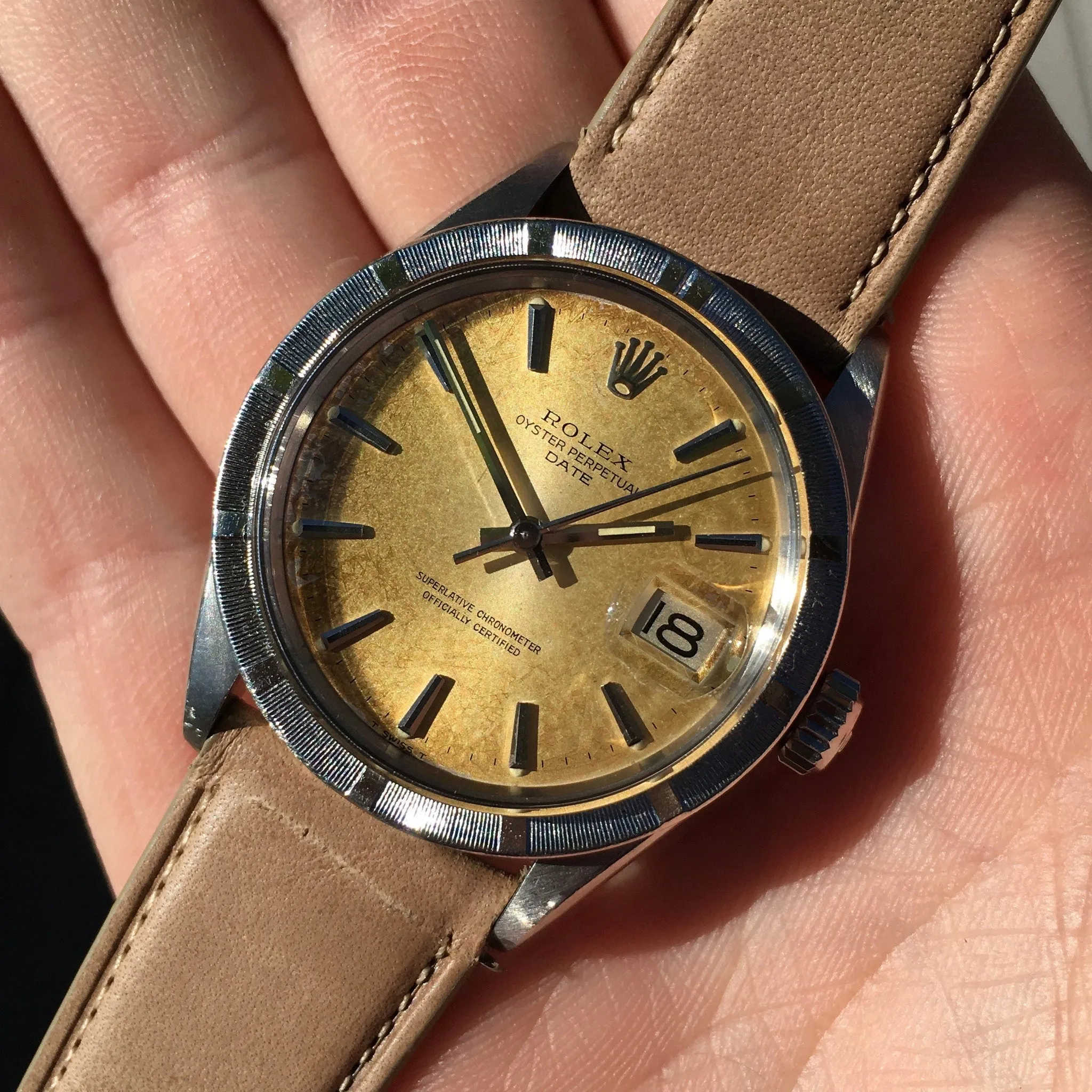 1968 Rolex Date 1501 Tropical Creme Brûlée Stainless Steel Caliber 1570 Wristwatch