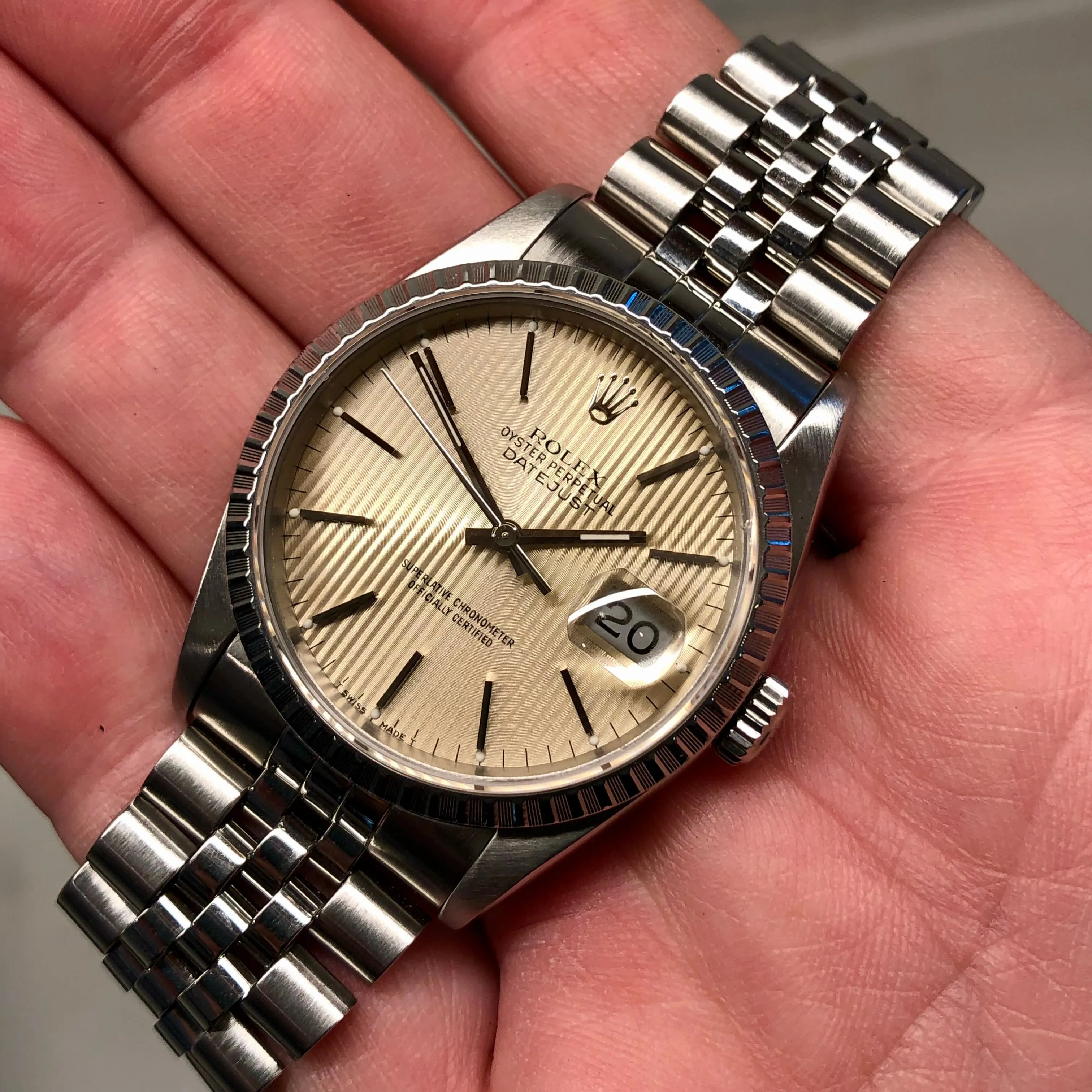 1991 Rolex Datejust 16220 Silver Tapestry Steel Jubilee Wristwatch with Box and Papers