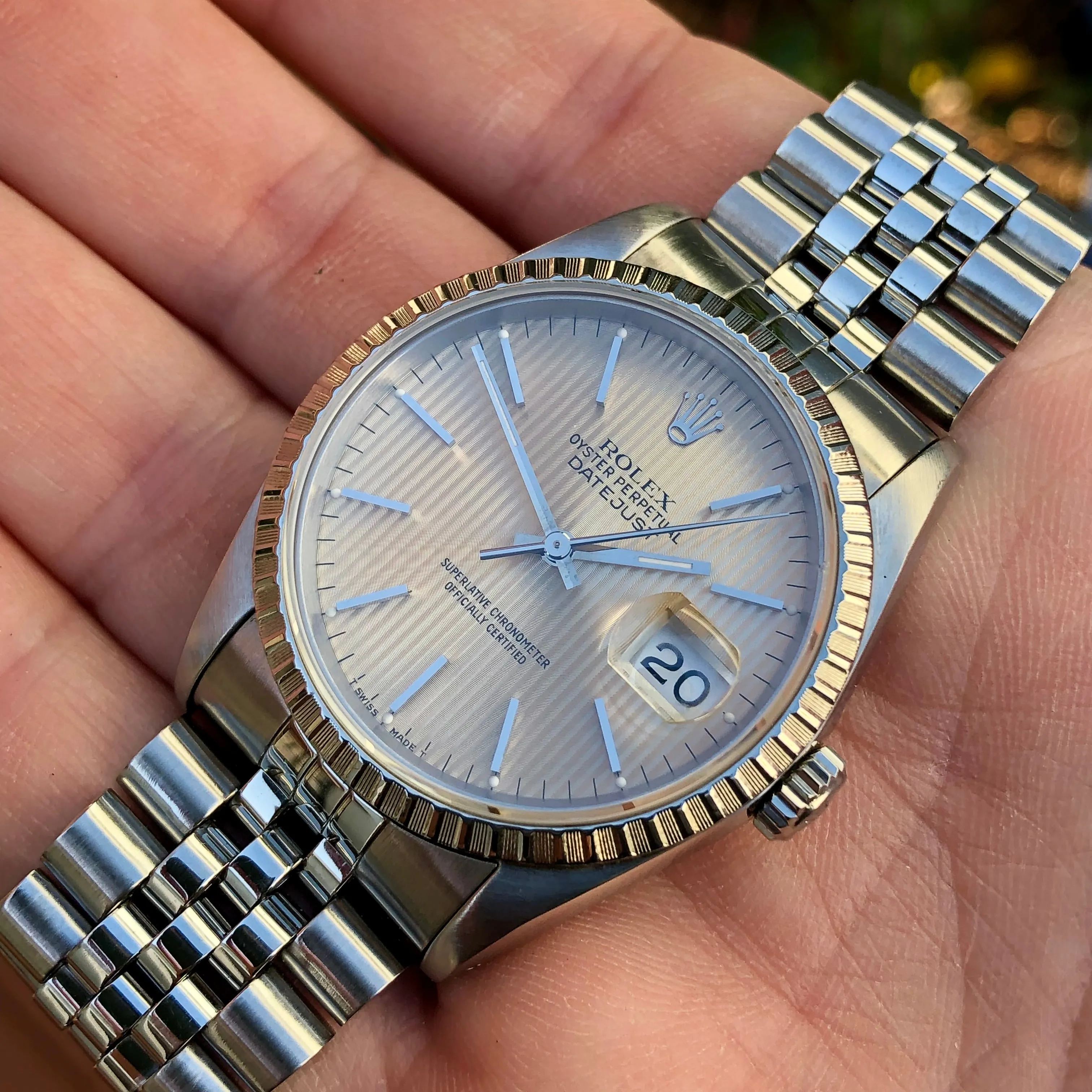 1991 Rolex Datejust 16220 Silver Tapestry Steel Jubilee Wristwatch with Box and Papers