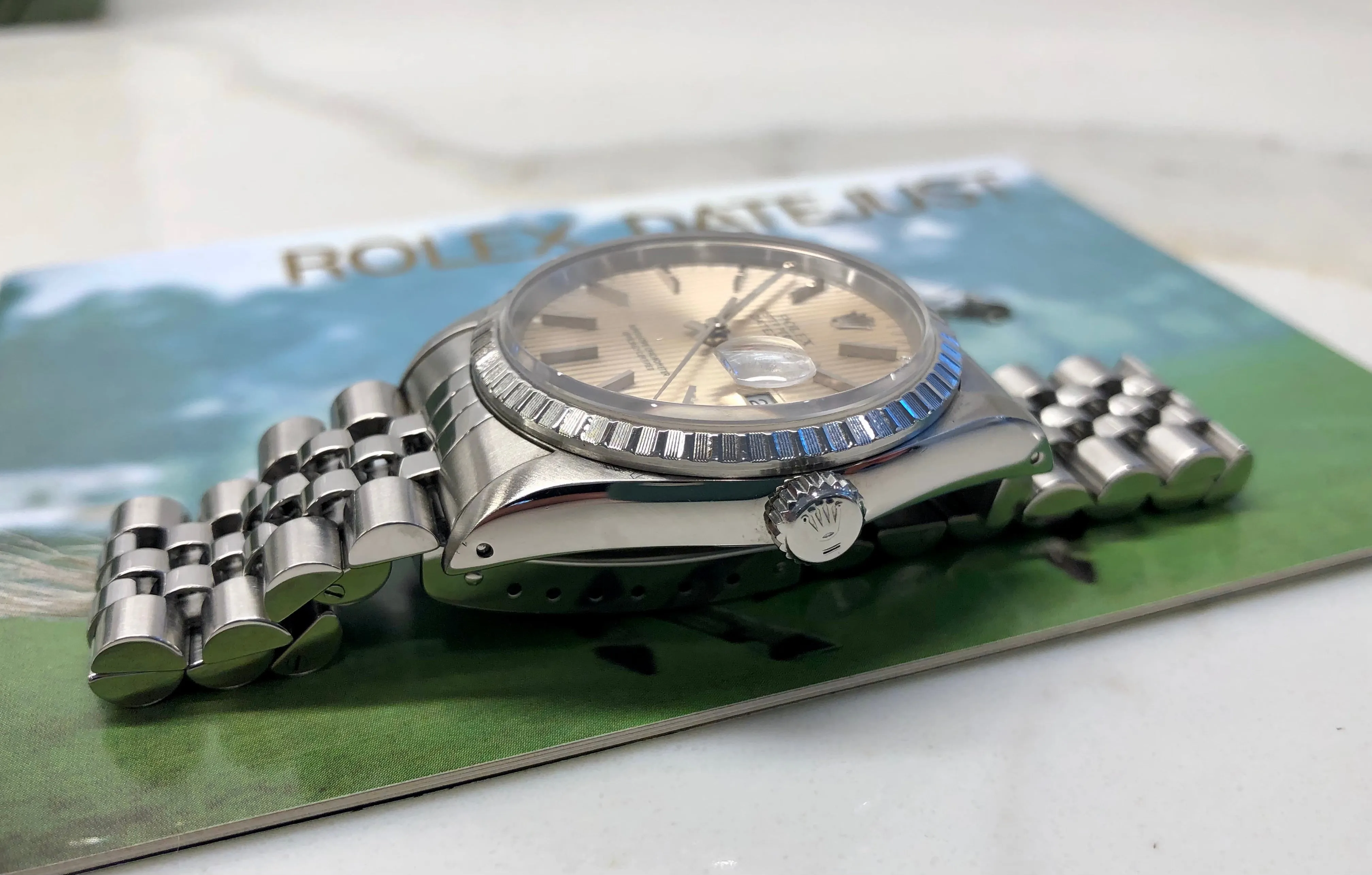 1991 Rolex Datejust 16220 Silver Tapestry Steel Jubilee Wristwatch with Box and Papers