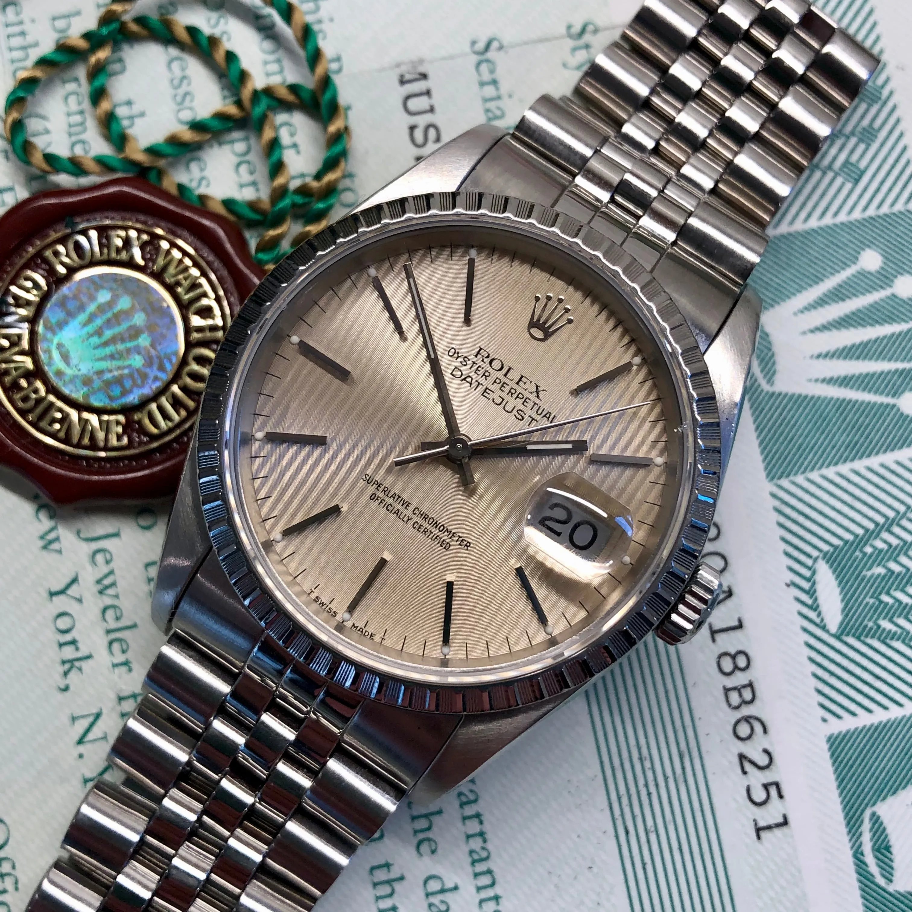 1991 Rolex Datejust 16220 Silver Tapestry Steel Jubilee Wristwatch with Box and Papers
