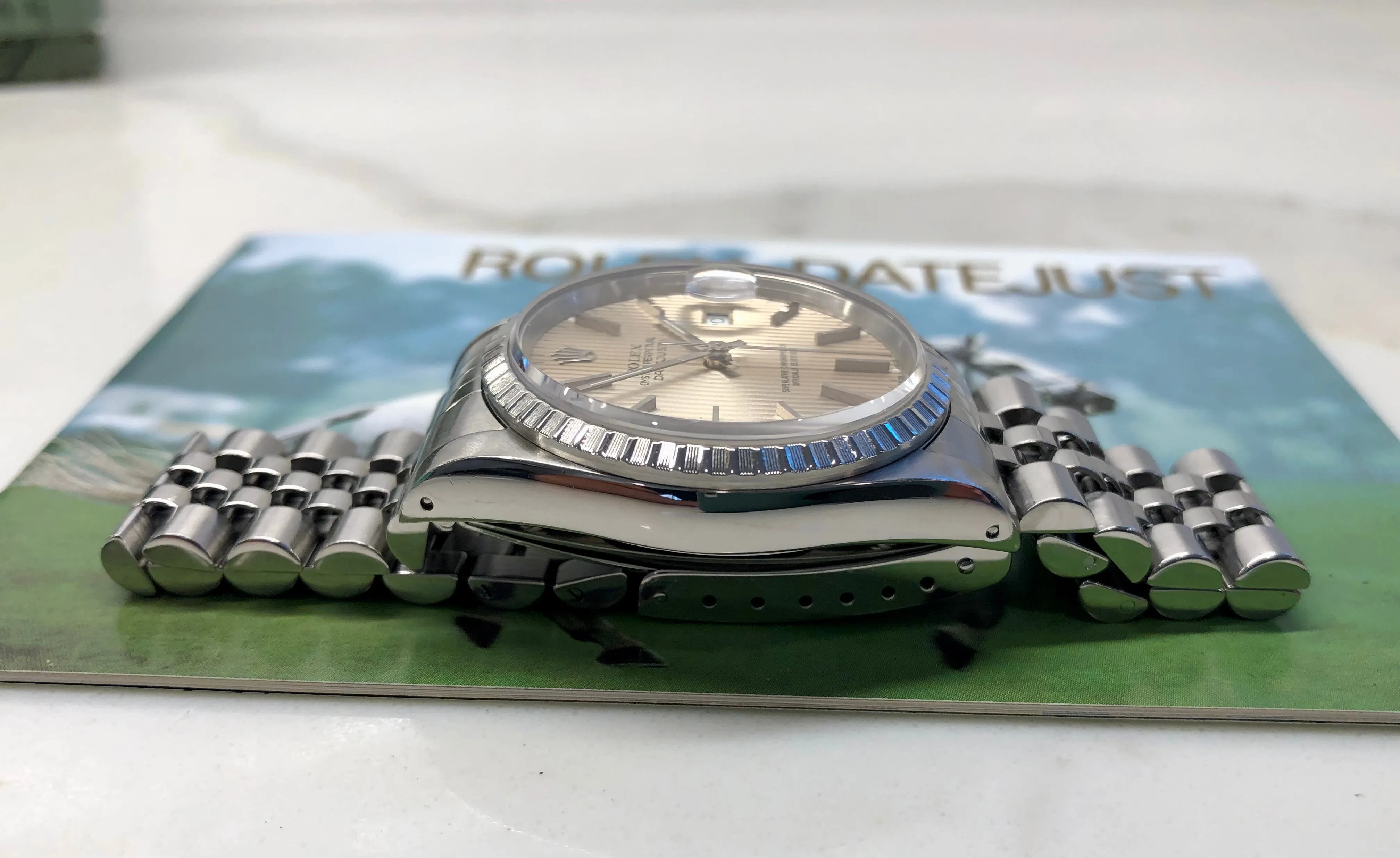 1991 Rolex Datejust 16220 Silver Tapestry Steel Jubilee Wristwatch with Box and Papers