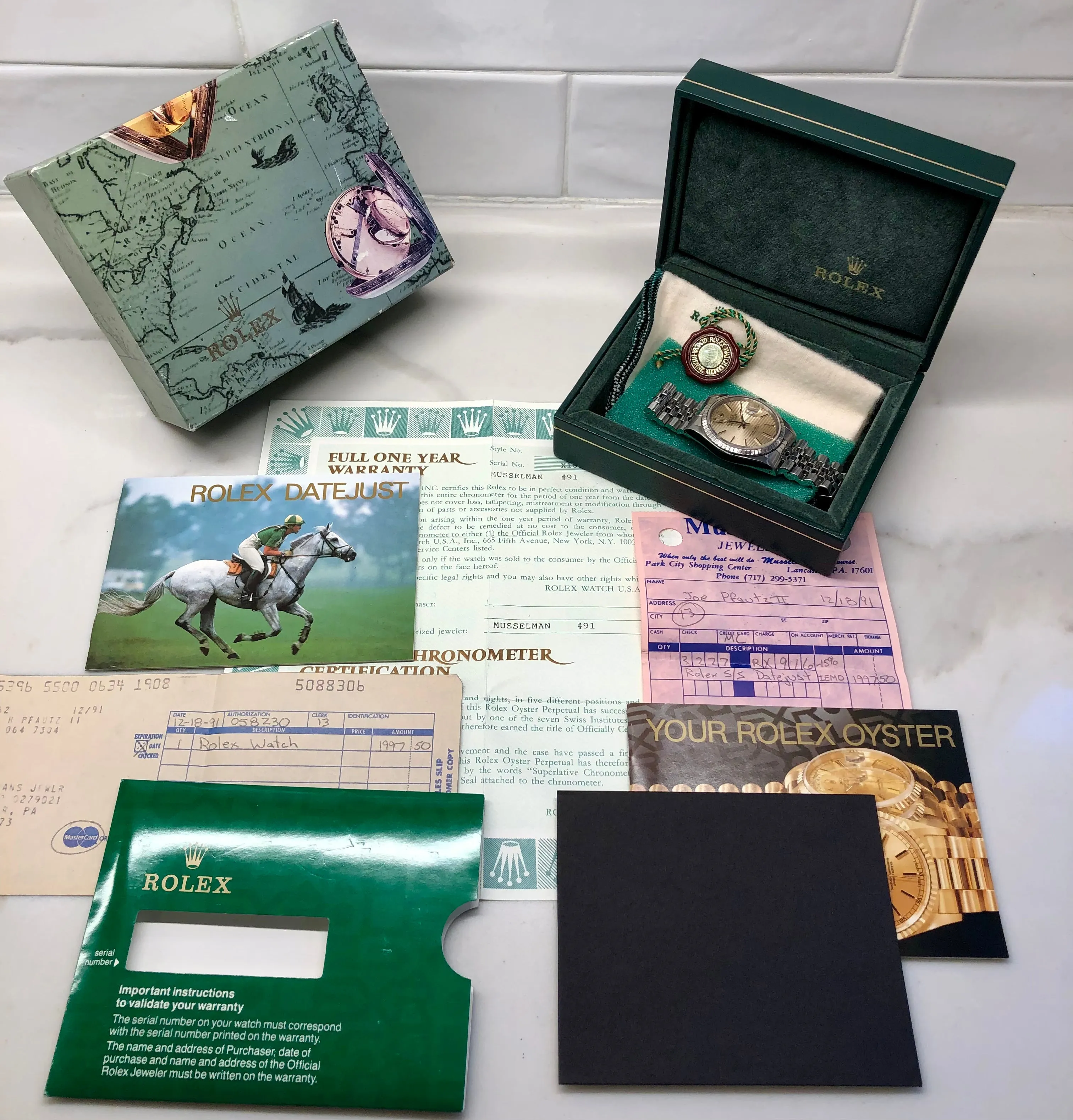1991 Rolex Datejust 16220 Silver Tapestry Steel Jubilee Wristwatch with Box and Papers