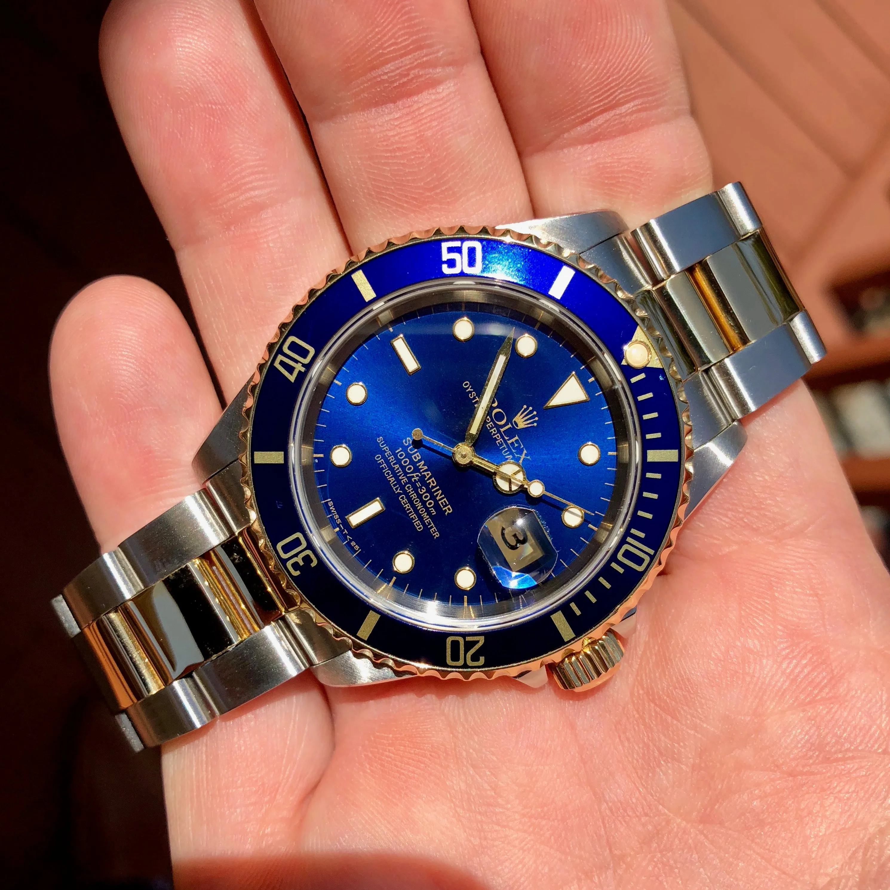 1993 Rolex Submariner 16613 Two Tone Blue Steel 18K Gold Wristwatch Box & Papers