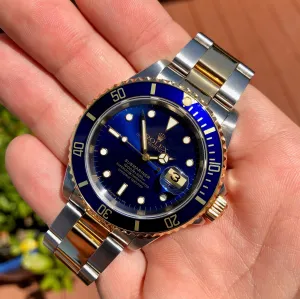 1993 Rolex Submariner 16613 Two Tone Blue Steel 18K Gold Wristwatch Box & Papers