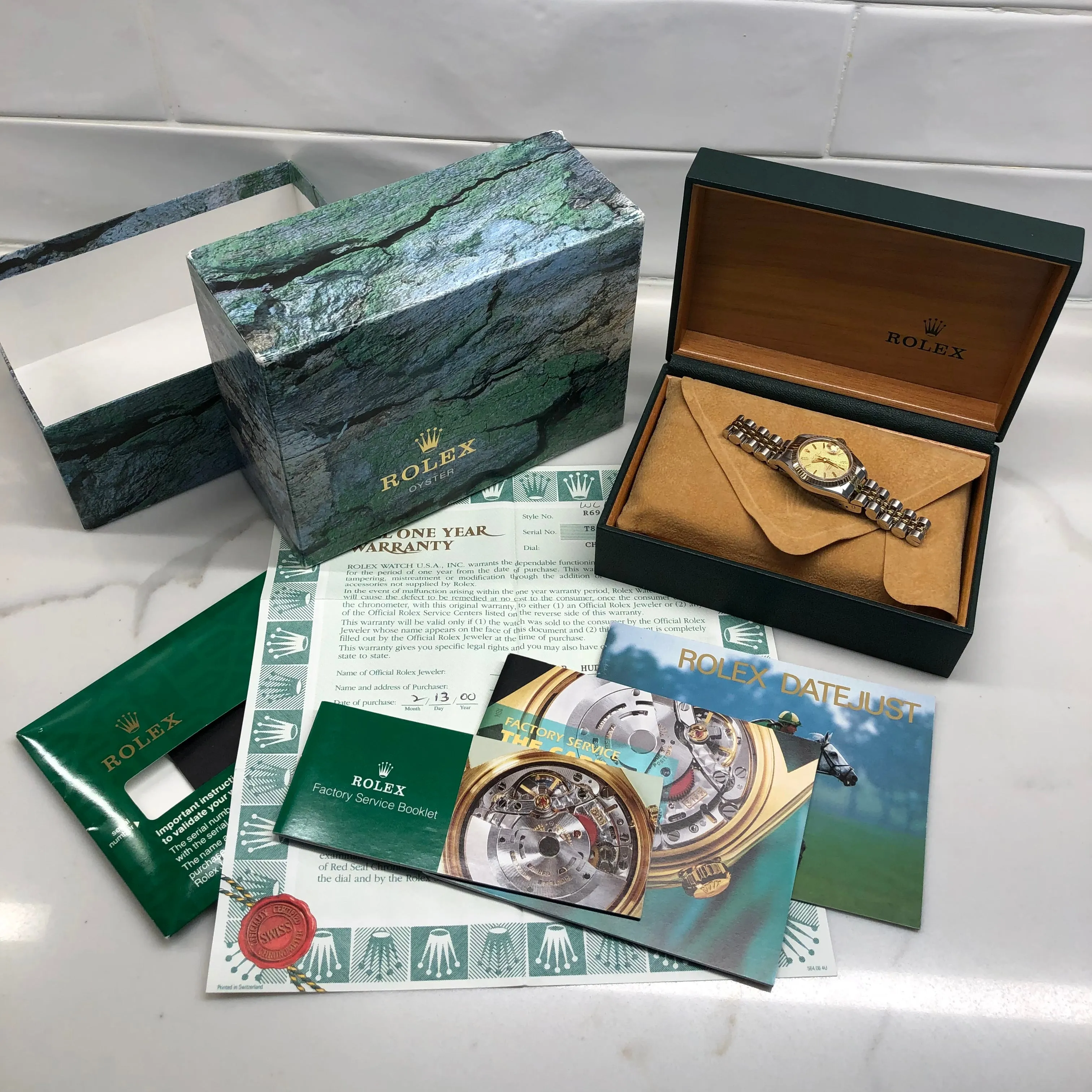1995 Rolex Datejust 69173 Two Tone Jubilee Champagne Tapestry Dial Ladies Wristwatch Box Papers