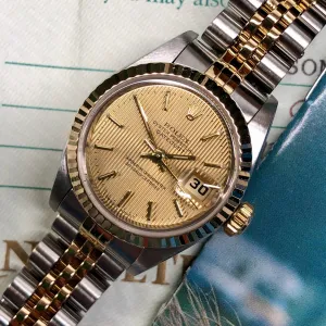 1995 Rolex Datejust 69173 Two Tone Jubilee Champagne Tapestry Dial Ladies Wristwatch Box Papers