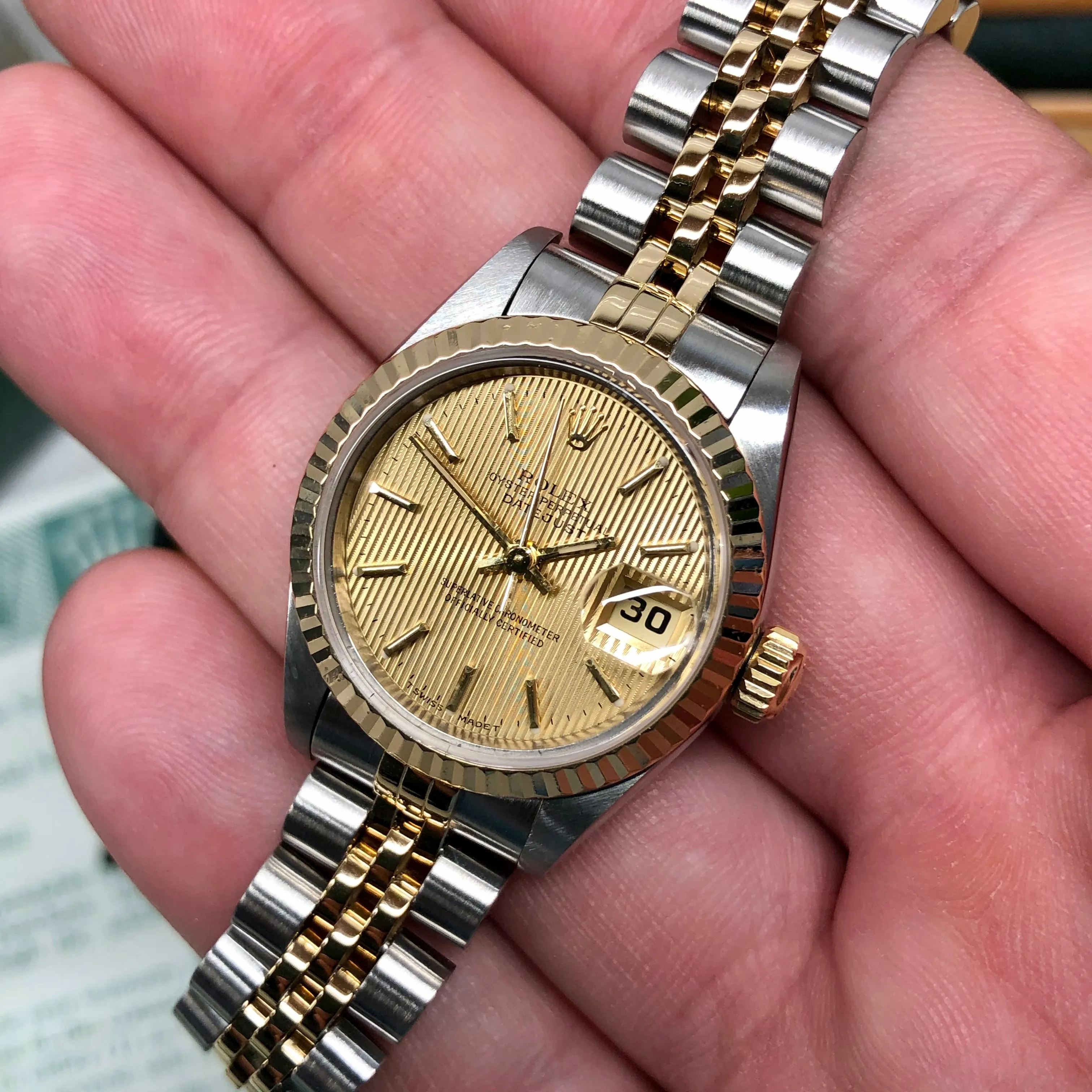 1995 Rolex Datejust 69173 Two Tone Jubilee Champagne Tapestry Dial Ladies Wristwatch Box Papers