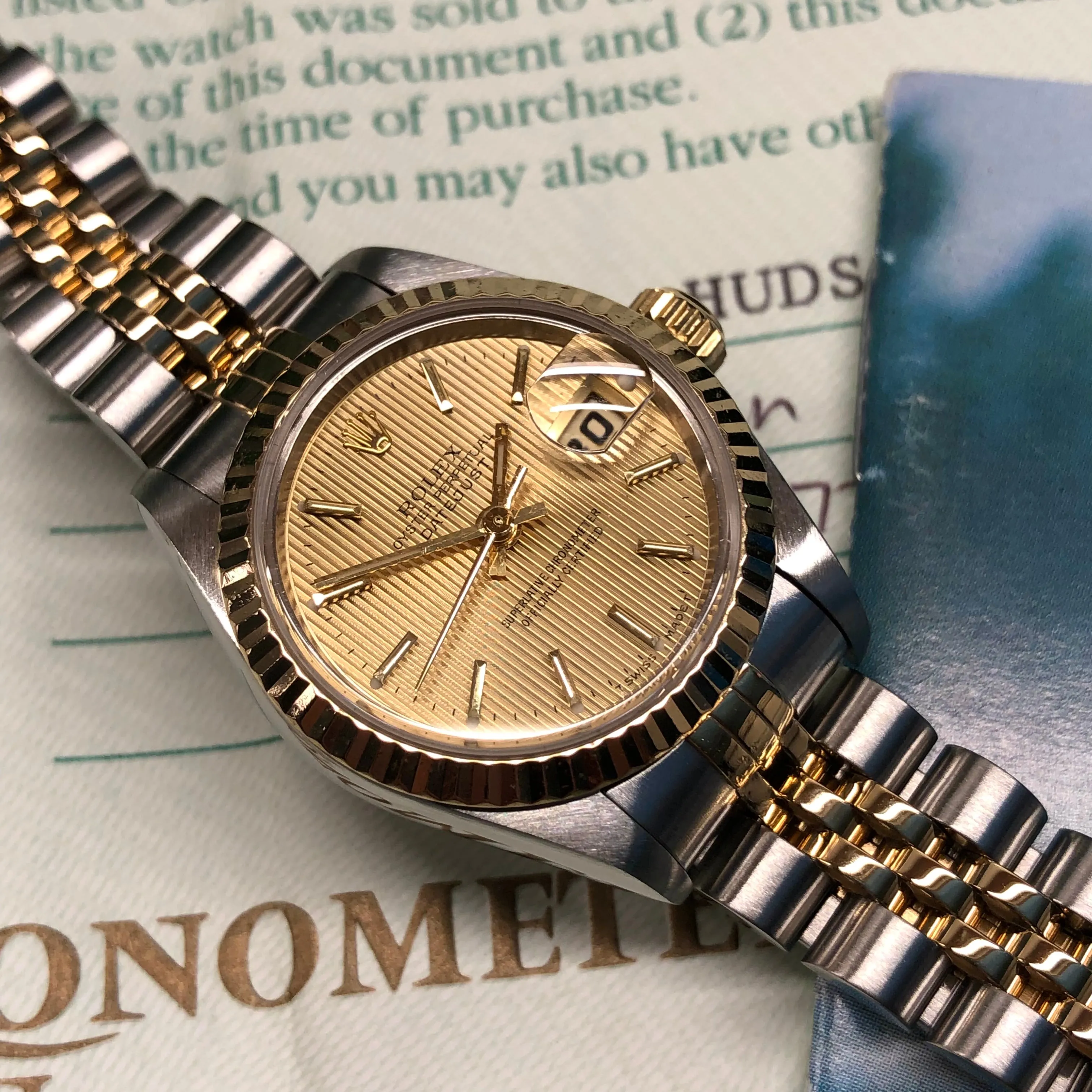 1995 Rolex Datejust 69173 Two Tone Jubilee Champagne Tapestry Dial Ladies Wristwatch Box Papers