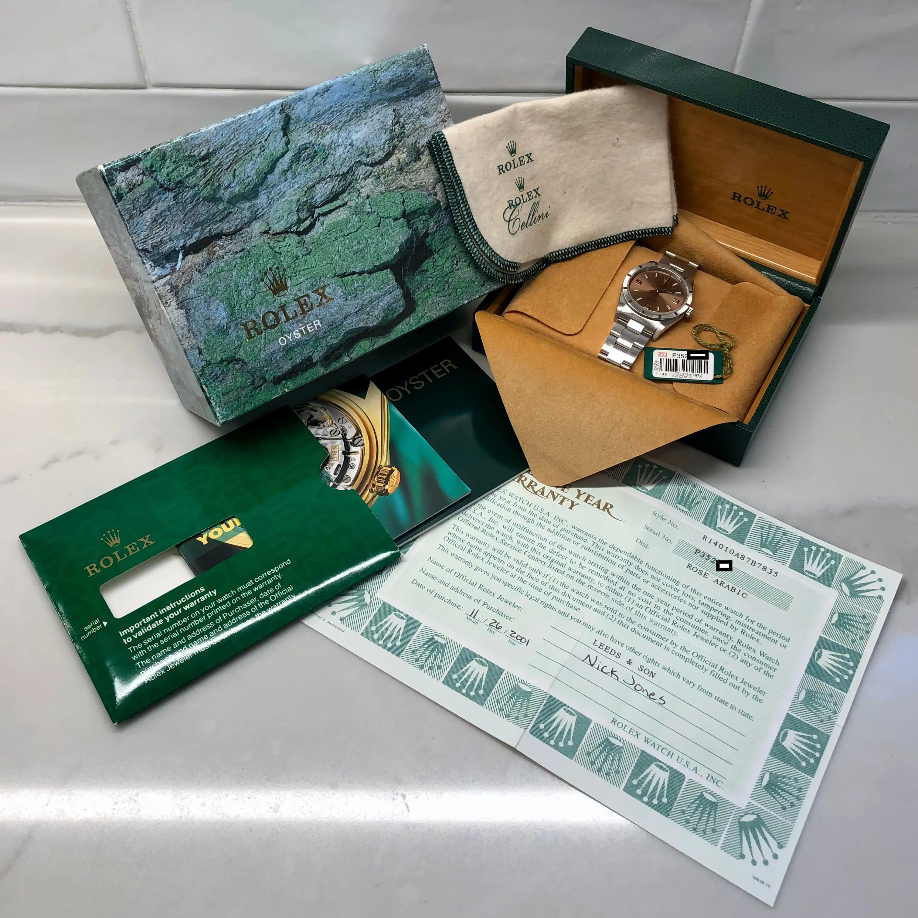 2000 Rolex Air King 14010 Rose Arabic Dial Oyster Engine Turned Wristwatch with Box and Papers