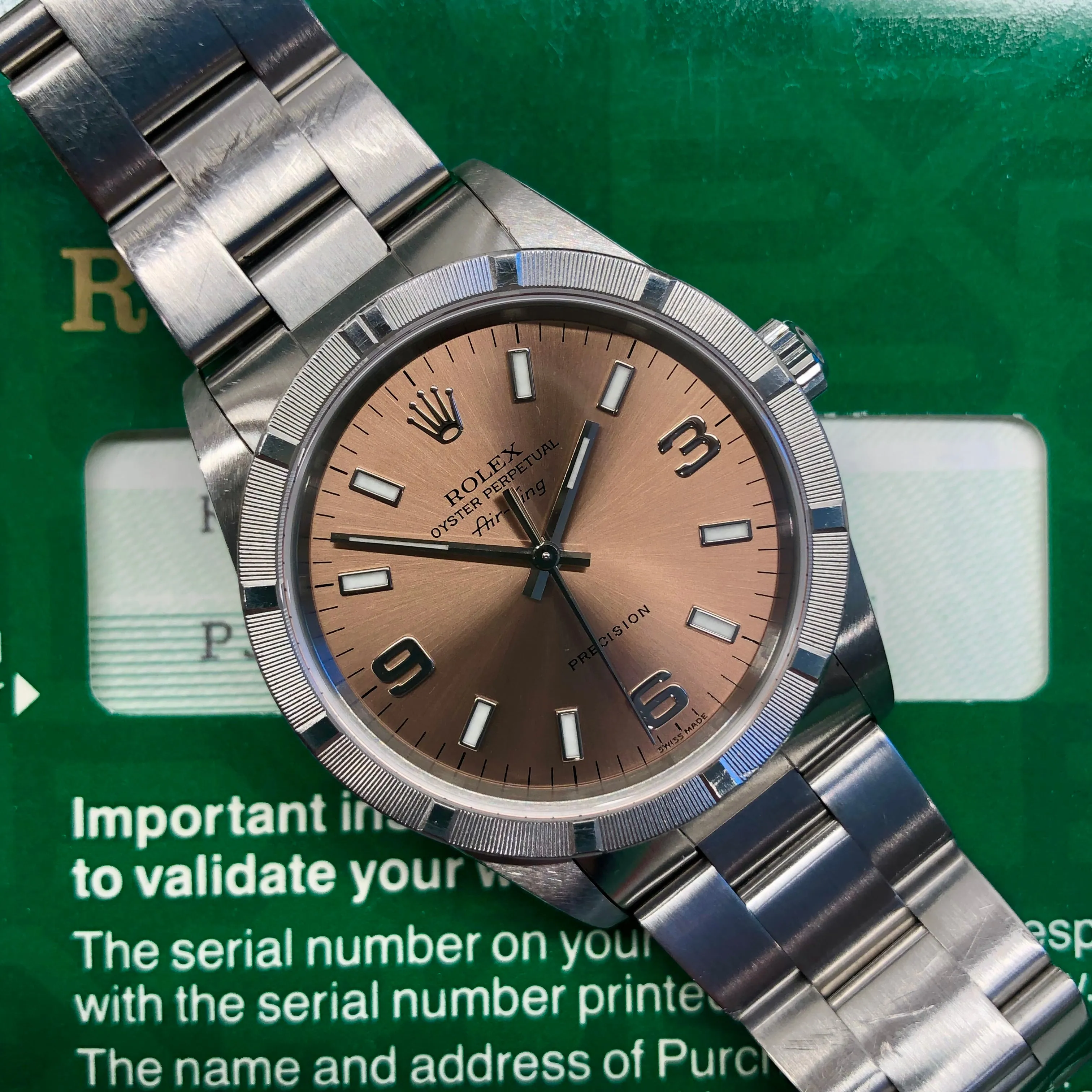 2000 Rolex Air King 14010 Rose Arabic Dial Oyster Engine Turned Wristwatch with Box and Papers