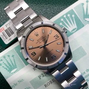 2000 Rolex Air King 14010 Rose Arabic Dial Oyster Engine Turned Wristwatch with Box and Papers