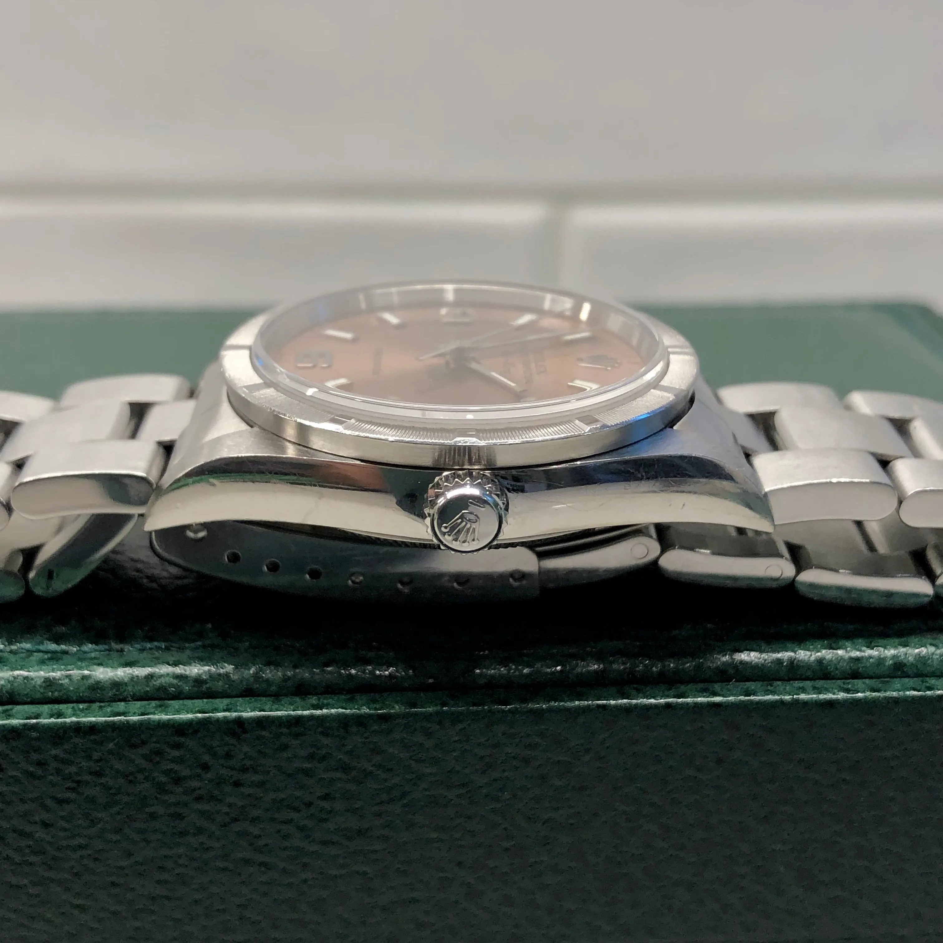 2000 Rolex Air King 14010 Rose Arabic Dial Oyster Engine Turned Wristwatch with Box and Papers
