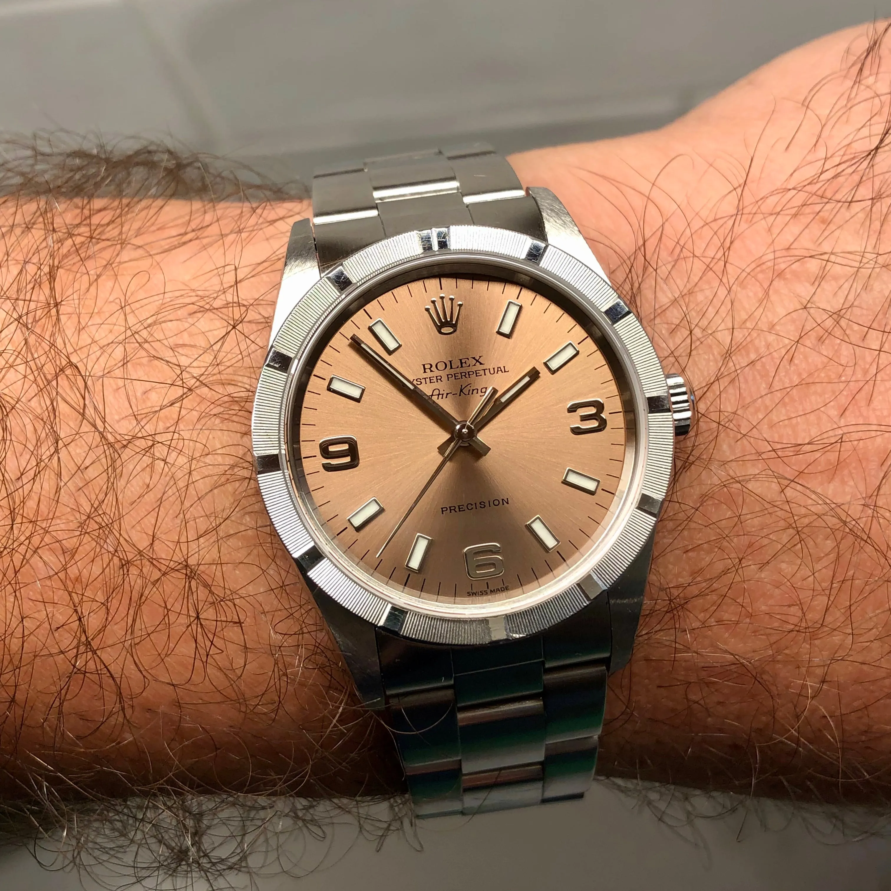 2000 Rolex Air King 14010 Rose Arabic Dial Oyster Engine Turned Wristwatch with Box and Papers