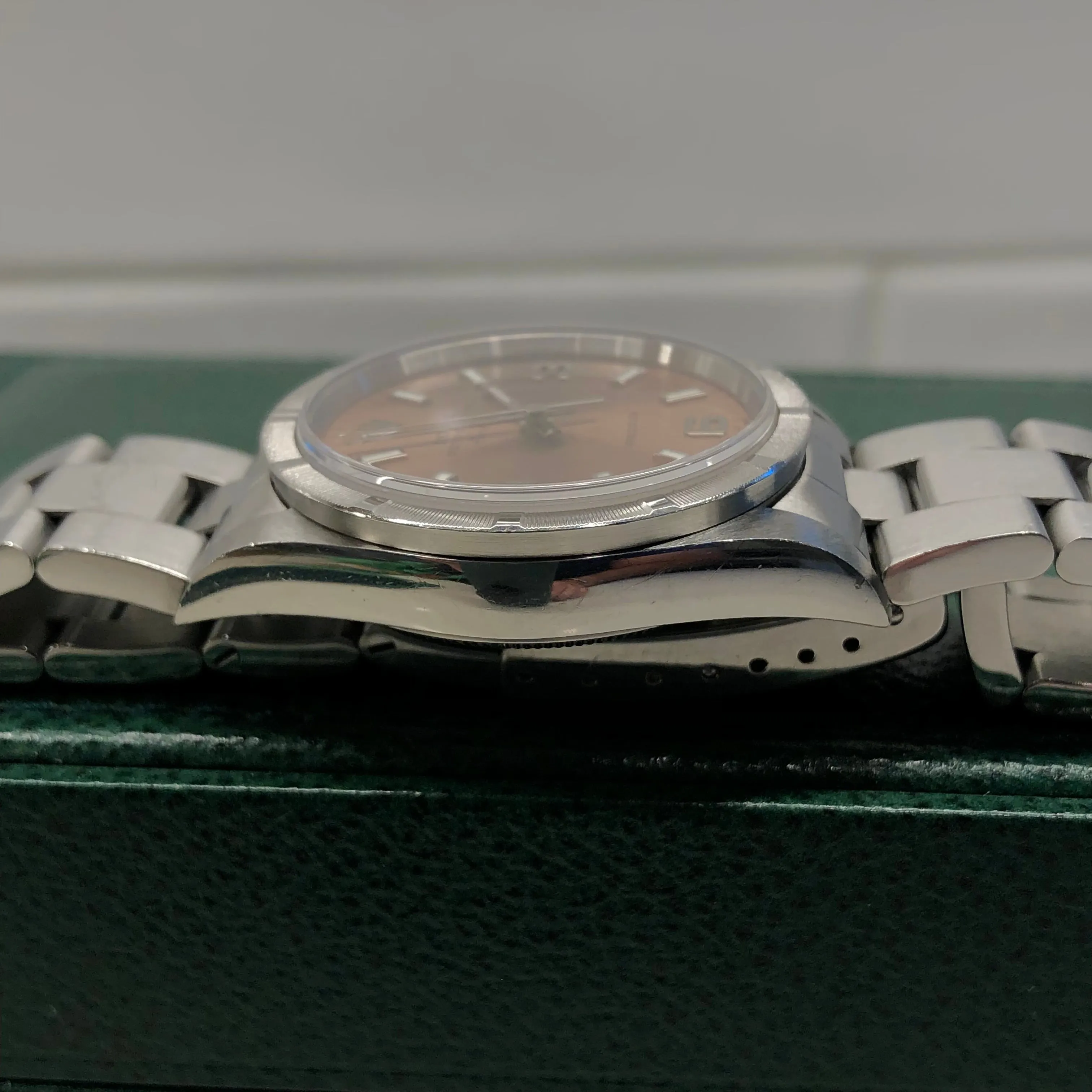 2000 Rolex Air King 14010 Rose Arabic Dial Oyster Engine Turned Wristwatch with Box and Papers