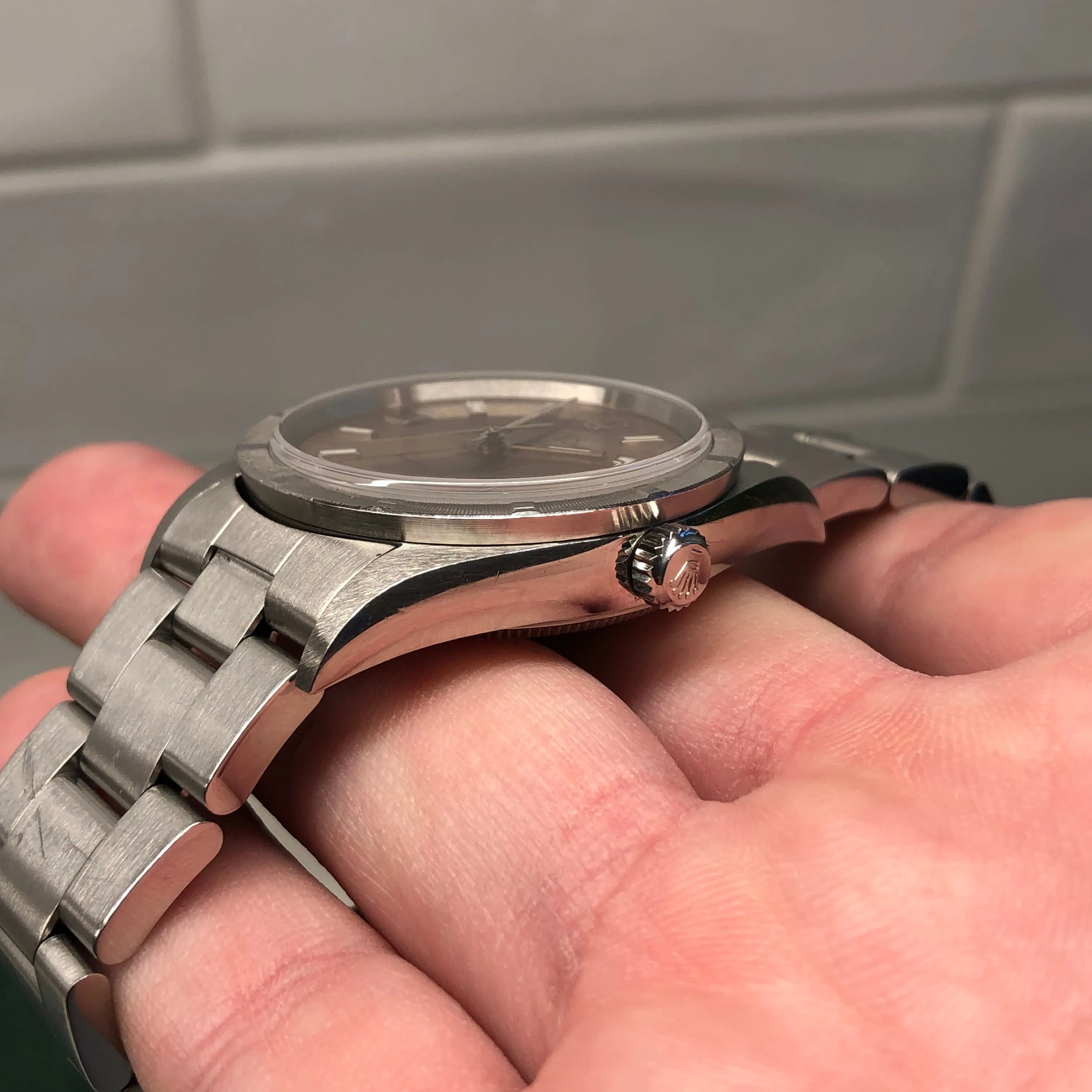 2000 Rolex Air King 14010 Rose Arabic Dial Oyster Engine Turned Wristwatch with Box and Papers