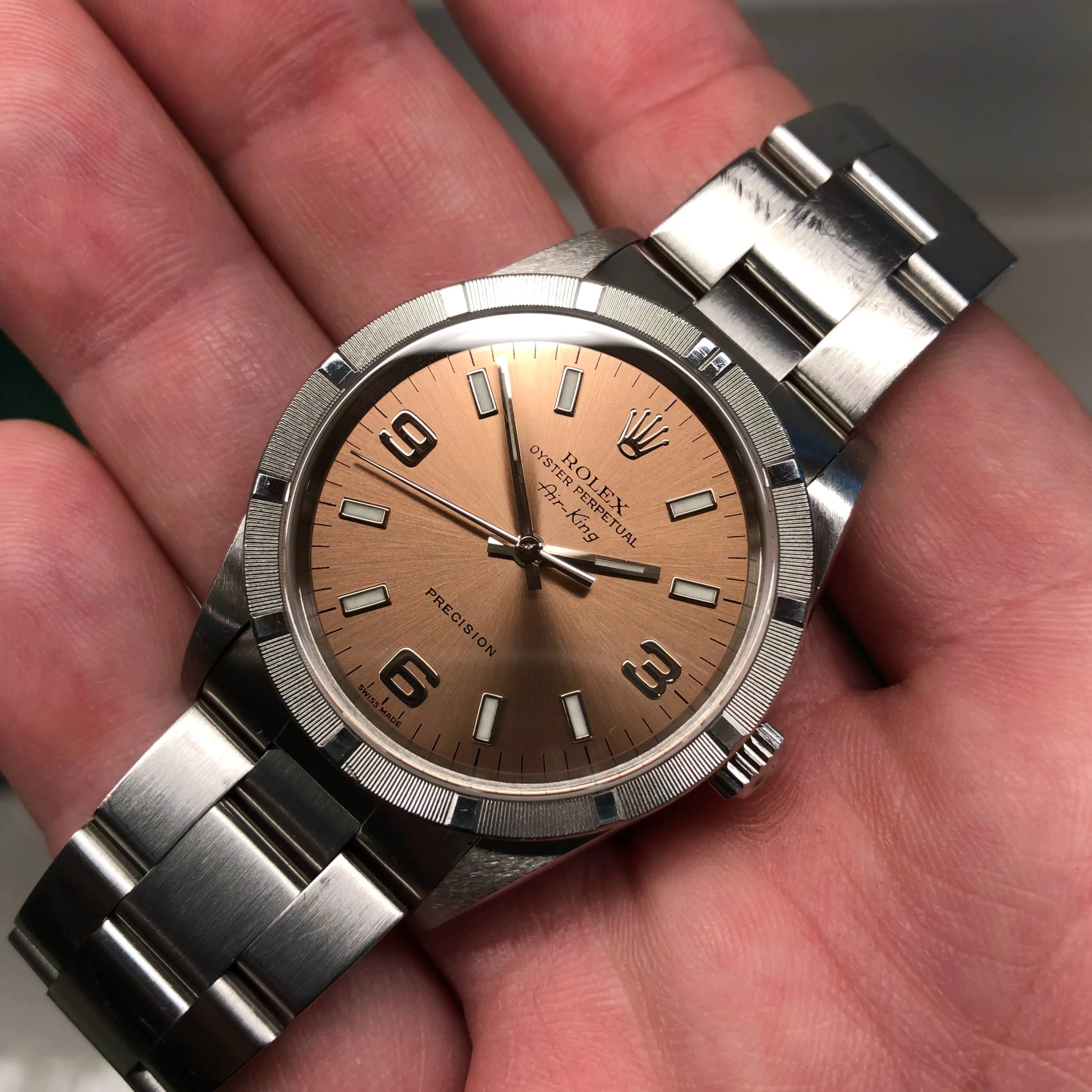 2000 Rolex Air King 14010 Rose Arabic Dial Oyster Engine Turned Wristwatch with Box and Papers