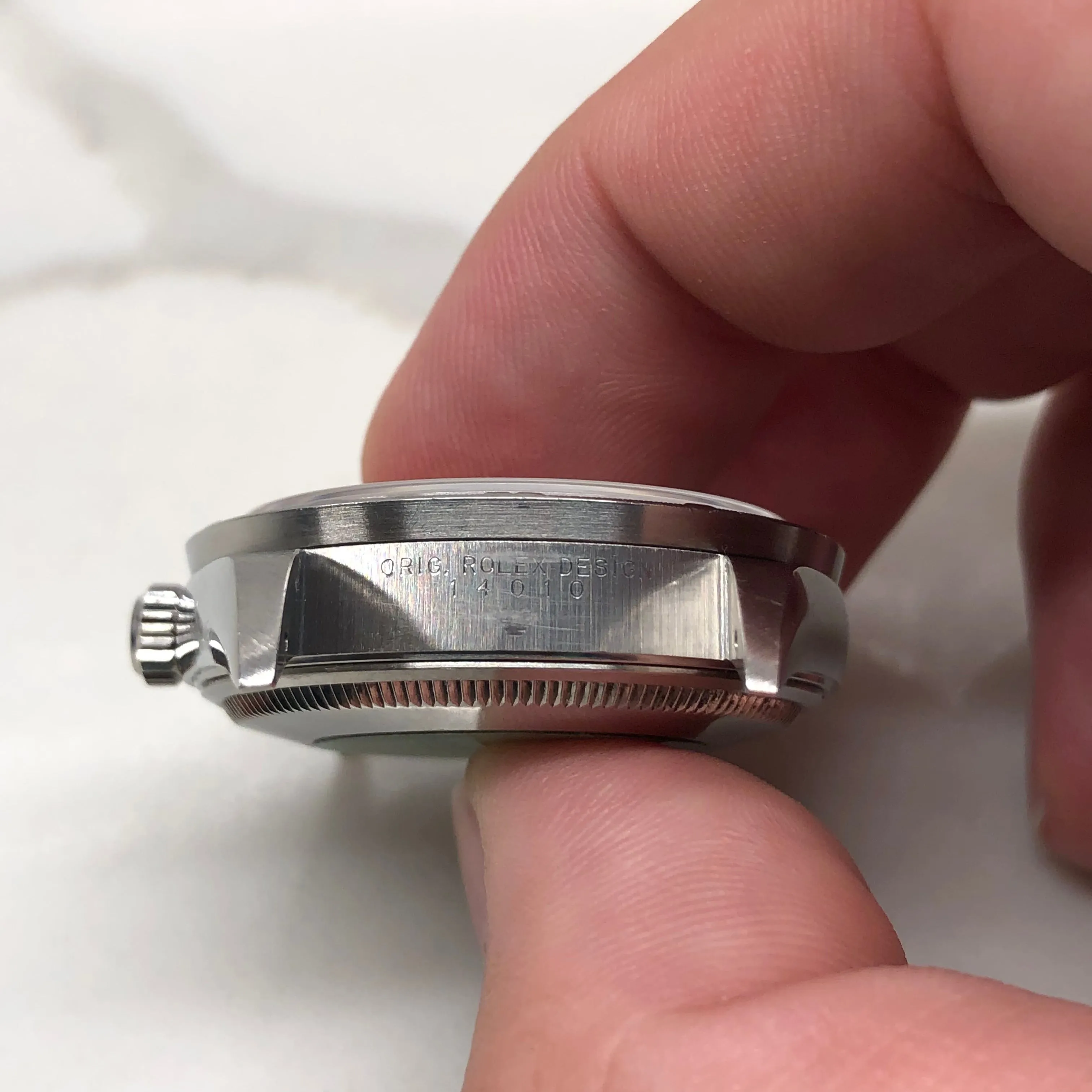 2000 Rolex Air King 14010 Rose Arabic Dial Oyster Engine Turned Wristwatch with Box and Papers