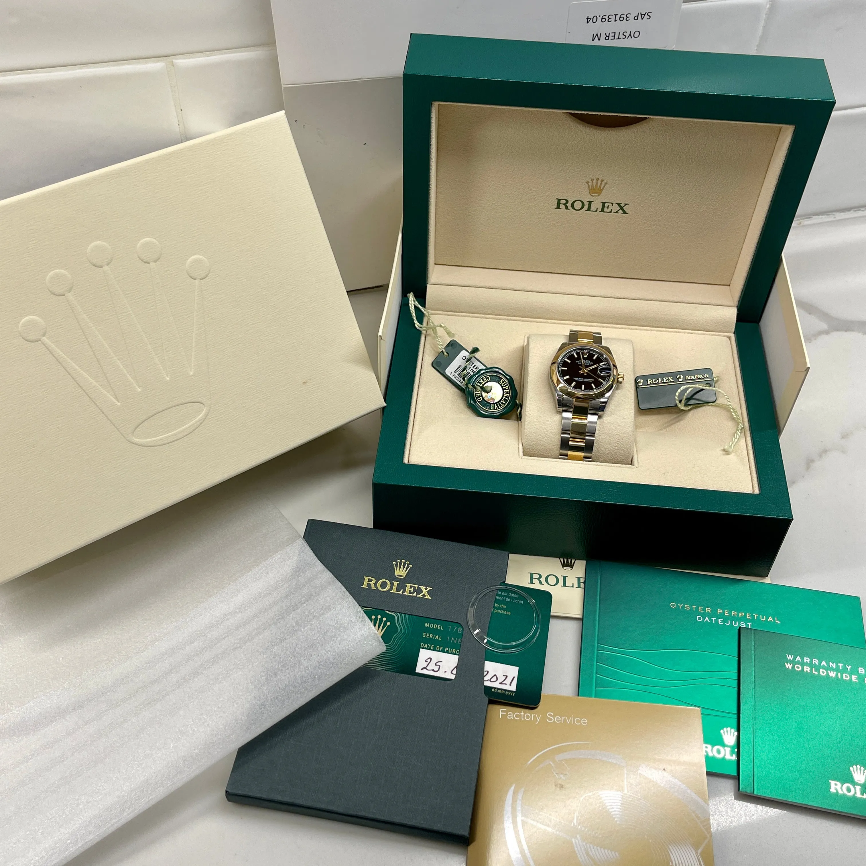 2021 Rolex Datejust 178243 Ladies Two Tone 31mm Midsize Black Stick Wristwatch Box Papers Factory Wrapped