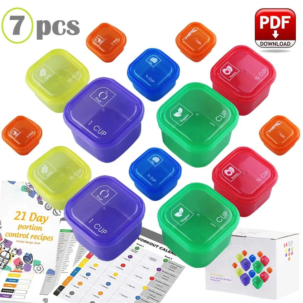 21 Day Fix Containers and Food Plan - Portion Control Container Kit for Weight Loss - Beachbody Portion Containers with Recipe - Set (7-Pieces)