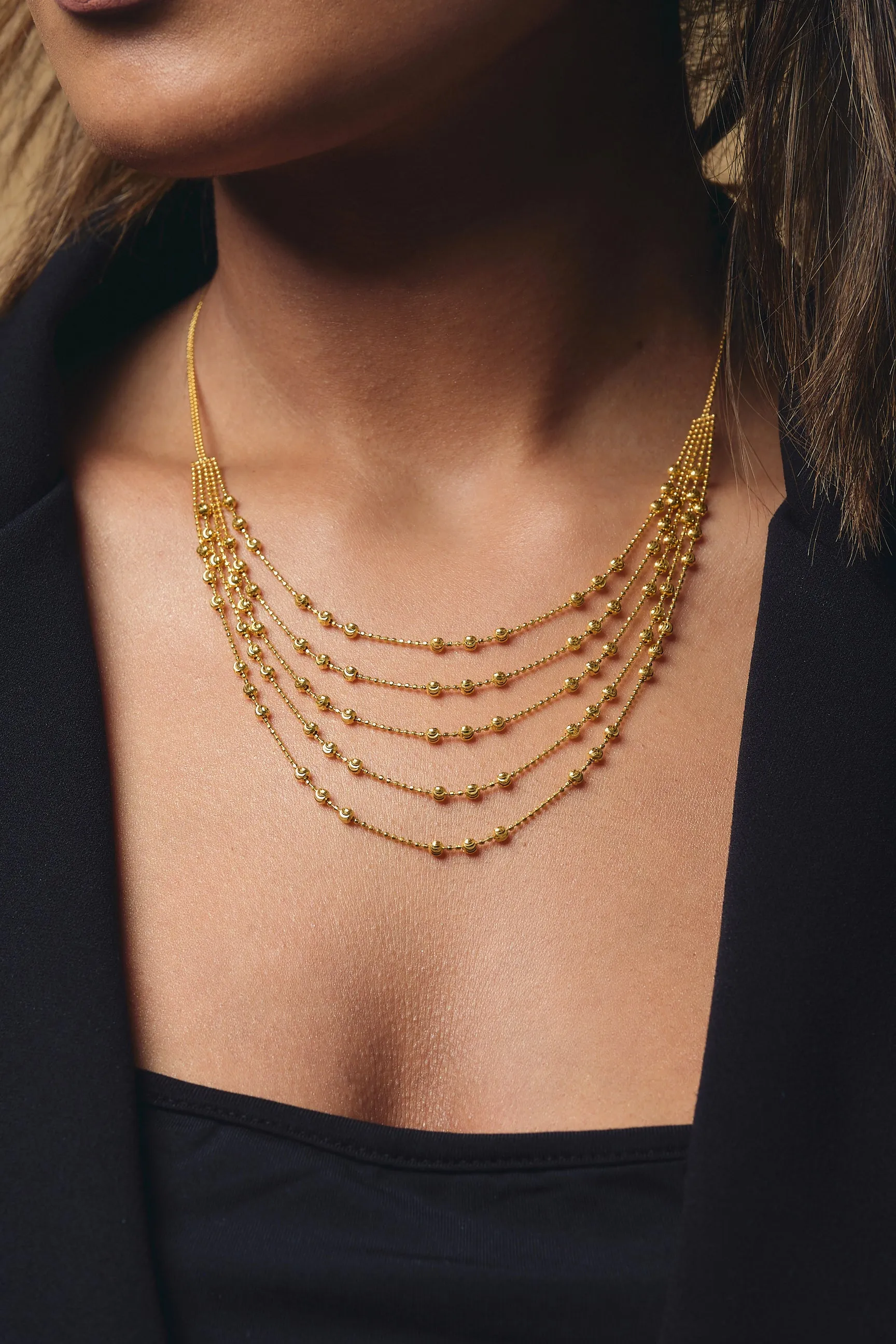22K YELLOW GOLD LAYERED BEADED NECKLACE
