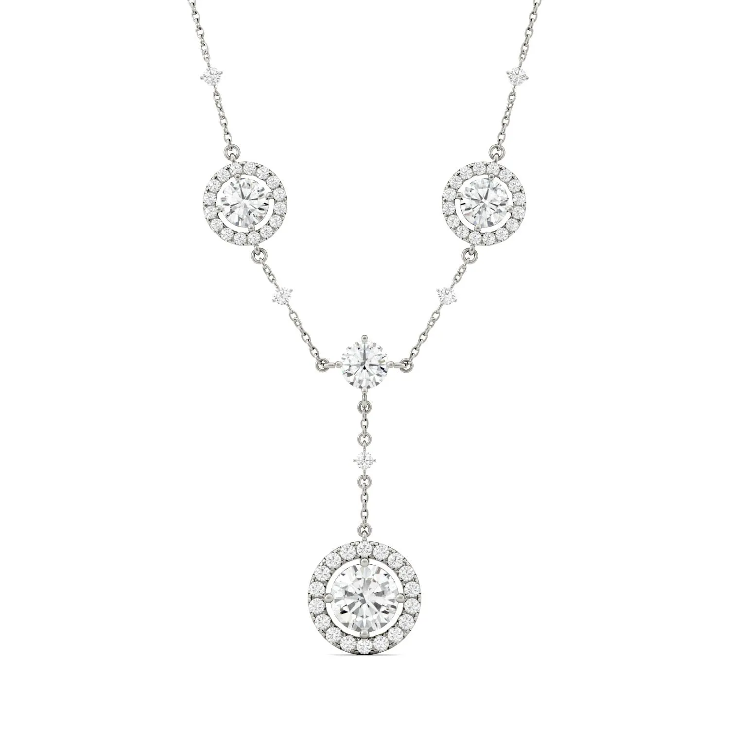 3.05 CTW DEW Round Moissanite Halo Lariat Necklace in 14K White Gold