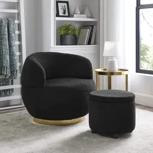 360-Degree Swivel Barrel Chair with Storage Ottoman in Black and Gold
