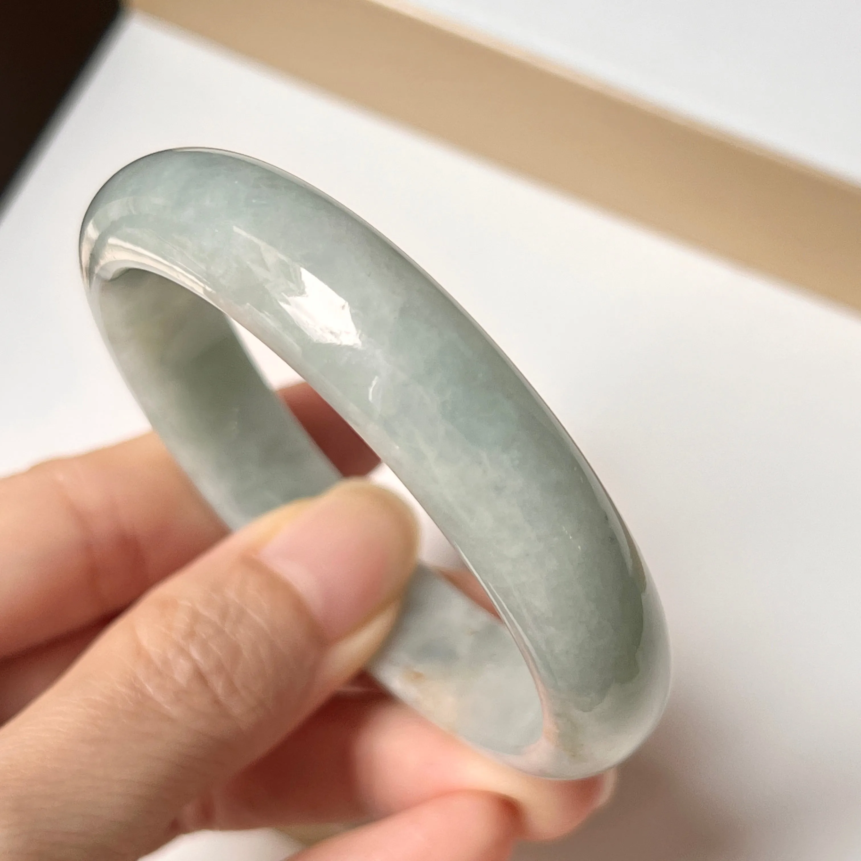 53.8mm A-Grade Natural Light Bluish Green Jadeite Modern Round Bangle No. 152006