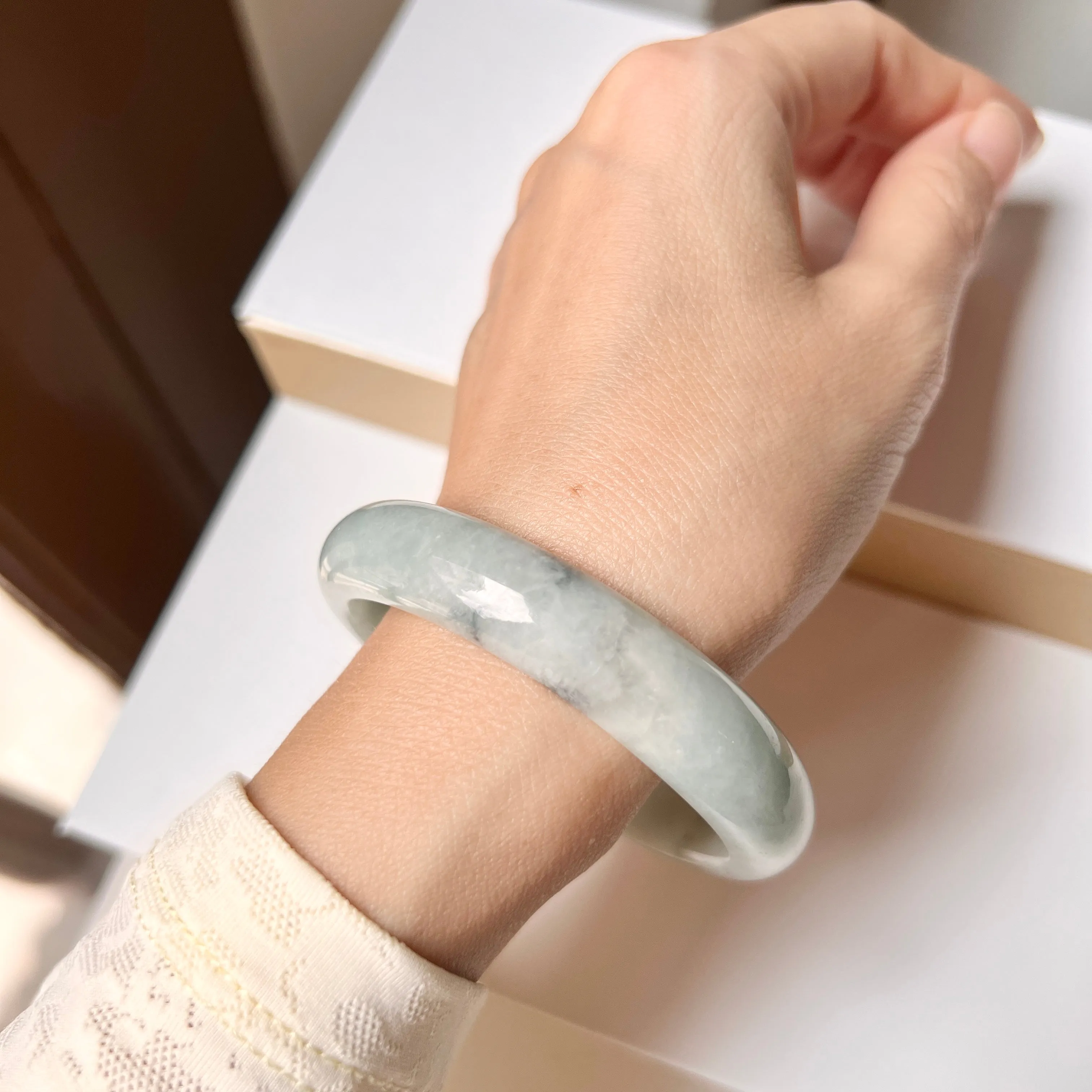 53.8mm A-Grade Natural Light Bluish Green Jadeite Modern Round Bangle No. 152006