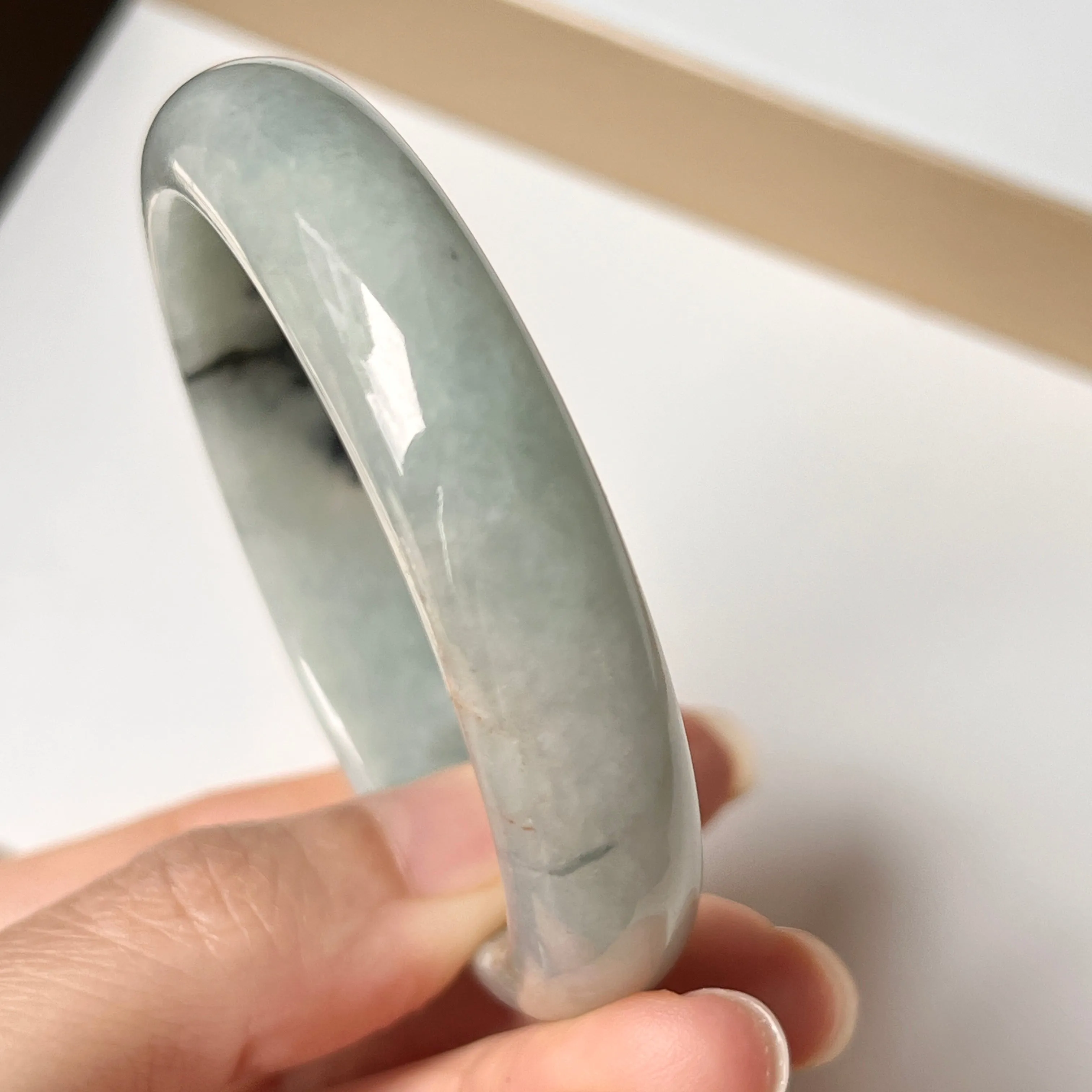53.8mm A-Grade Natural Light Bluish Green Jadeite Modern Round Bangle No. 152006